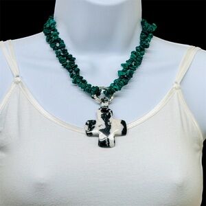 Artisan Green and Black Cross Pendant Necklace 17” drop Malachite & River Stone